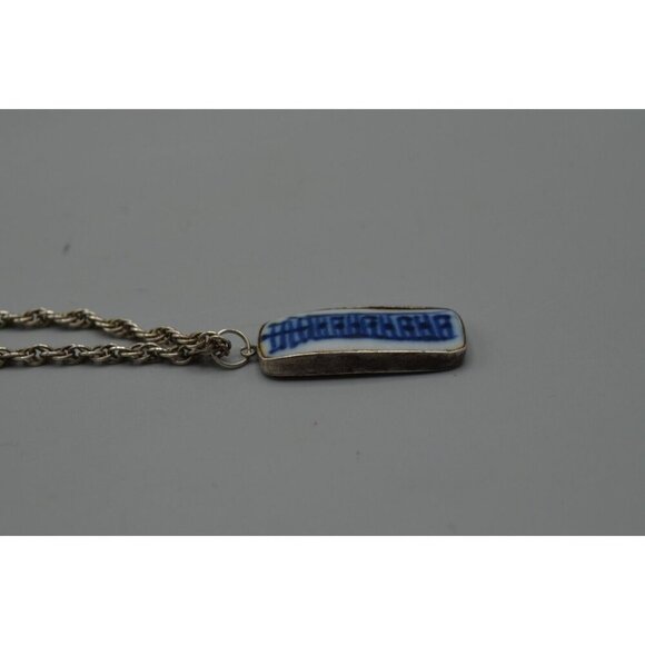 Blue & White Bar Pendant Rope Chain Necklace Sterling Silver 15.5" Chinese Asian - Picture 5 of 11